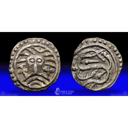 184 - Anglo-Saxon sceatta series X, Wodan head type. c. AD695 - 740. Silver. Obverse: 'Wodan' head facing,... 