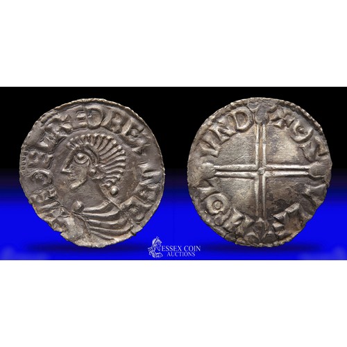 189 - Aethelred II penny, long cross type. Silver, 20mm, 1.42g. Obv: bare head right, +AEDELRED REX ANGLO.... 