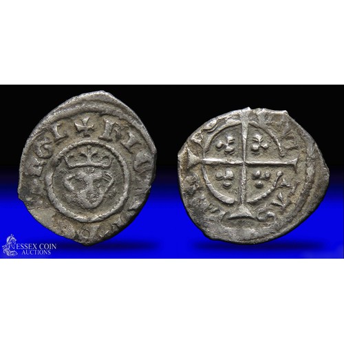 252 - Richard II farthing. Silver, 10mm, 0.31g. Obv: crowned facing bust, no neck, +RICARD REX ANGL. Rev: ... 