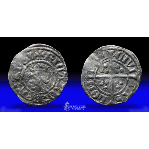 253 - Richard II halfpenny, early type. Silver, 15mm, 0.48g. Obv: crowned facing bust, annulet on breast +... 