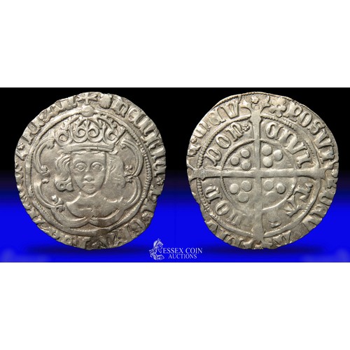 283 - Henry VII groat, front-facing issue. Silver, 25mm, 3.03. Obv: crowned front facing, +HENRIC DI GRA R... 