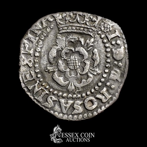 317 - James I Half Groat, third coinage, 1619-25. Silver, 0.94 grams, 16.20 mm. Obv: crowned rose, beaded ... 