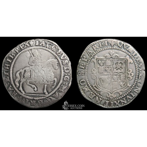 320 - James I Halfcrown, Third coinage 1619-1625. Silver, 14.45 grams. 35.26 mm. Obv: The king on horsebac... 