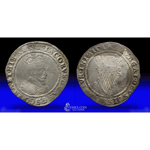 322 - James I Irish shilling, first coinage 1603-4. Silver, 27mm, 4.14g. Obv: crowned right-facing bust, +... 