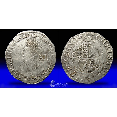 327 - Charles I Shilling, mm crown. Silver, 30mm, 5.75g. Obv: crowned left-facing bust, XII behind, +COROL... 