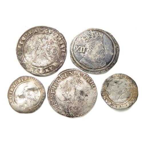 339 - Five Tudor and Stuart hammered silver coins. Largest 26mm. 1 James I shilling (third coinage), 1 Cha... 