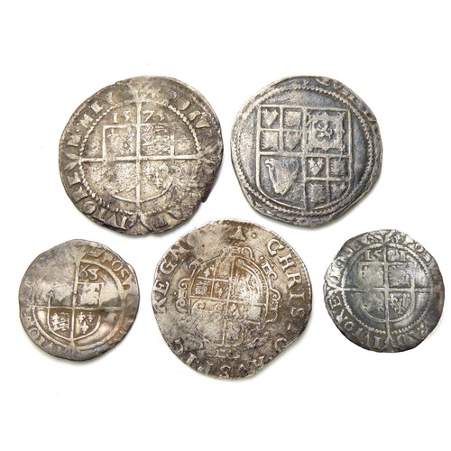 339 - Five Tudor and Stuart hammered silver coins. Largest 26mm. 1 James I shilling (third coinage), 1 Cha... 