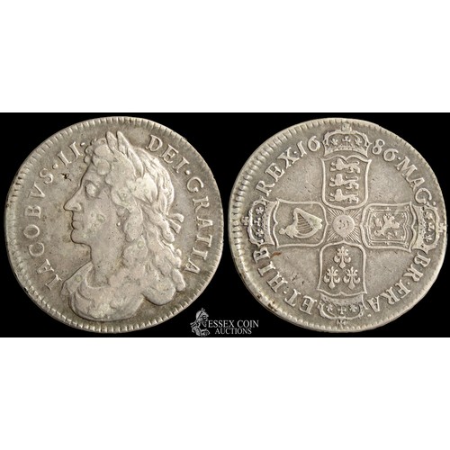 342 - James II Halfcrown, dated 1686. Silver, 14.58 grams. 32.66 mm. Obv: first bust facing left, +IACBOVS... 