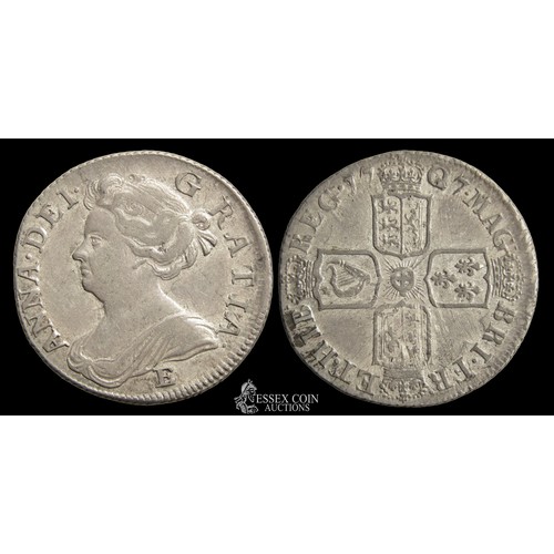 357 - Anne Shilling, post union dated 1707. Silver, 6.03 grams. 25.17 mm. Obv: Draped bust of Queen Anne l... 