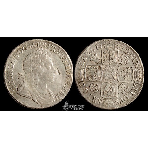 358 - George I Shilling. Silver, 5.95 grams. 25.35 mm. Obv: laureate bust right, +GEORGIVS DG M BR FR ET H... 