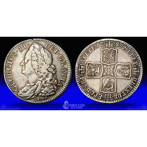 360 - George II Halfcrown. Silver, 14.84 grams. 34.17 mm. Obv: laureate and draped bust left, LIMA below, ... 