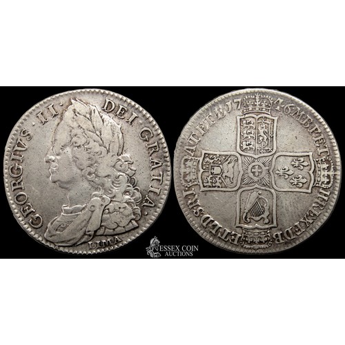 361 - George II Halfcrown. Silver, 14.91 grams. 33.85 mm. Obv: Older laureate and draped bust left, LIMA b... 