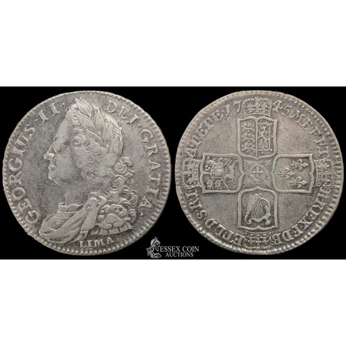 362 - George II Halfcrown. Silver, 15.01 grams. 33.18 mm. Obv: Older laureate and draped bust left, LIMA b... 