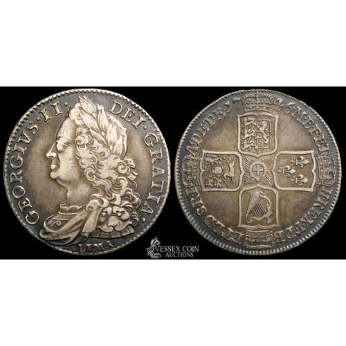 363 - George II Halfcrown. Silver, 14.99 grams. 32.79 mm. Obv: Older laureate and draped bust left, LIMA b... 