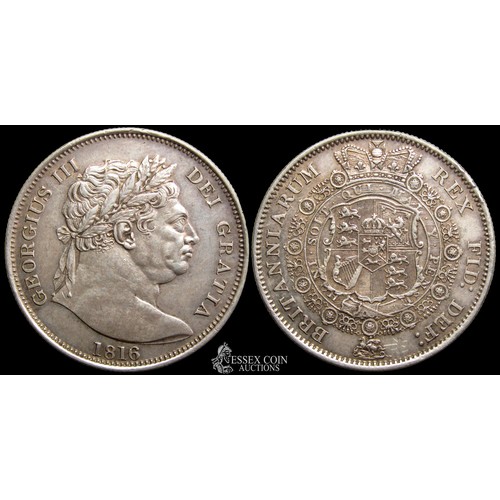 365 - George III Halfcrown, dated 1816. Silver, 14.16 grams. 32.21 mm. Obv: Large laureate bust right, dat... 