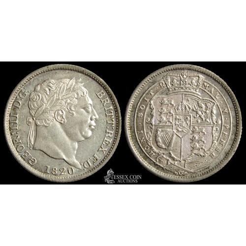 367 - George III Shilling, dated 1820. Silver, 5.66 grams. 23.53 mm. Obv: Laureate head right, +GEOR III D... 