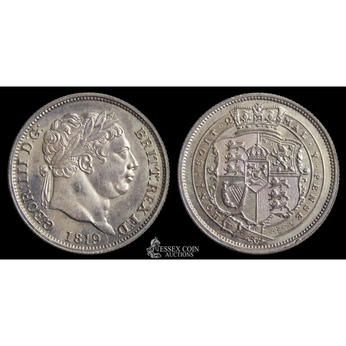 368 - George III Shilling, dated 1819. Silver, 5.69 grams. 23.64 mm. Obv: Laureate head right, +GEOR III D... 