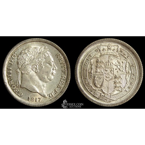 369 - George III Shilling, RRITT flaw, 1817. Silver, 5.62 grams. 23.73 mm. Obv: Laureate head right, +GEOR... 