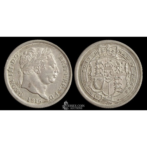 370 - George III Shilling, dated 1816. Silver, 5.60 grams. 23.66 mm. Obv: Laureate head right, +GEOR III D... 