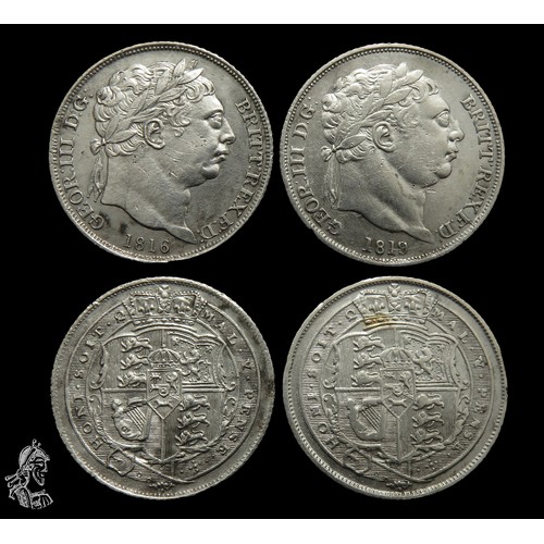 372 - Two George III sixpences, 1816 and 1819. Silver. Obv: laureate bust facing right, +GEOR III D G BRIT... 