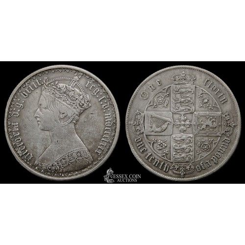 377 - Victoria Gothic Florin. Silver, 11.24 grams. 29.71 mm. Obv: large bust of Queen Victoria, crowned, a... 