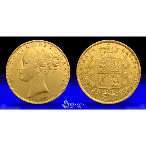 378 - Victoria shield back gold sovereign 1856. 22mm, 7.96g. Obv: young bun haired bust left, WW Incuse on... 