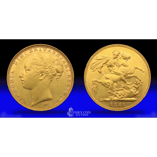 379 - Victoria gold sovereign, Melbourne 1885(M). Silver, 22mm, 7.98g. Obv: left facing bun head, +VICTORI... 