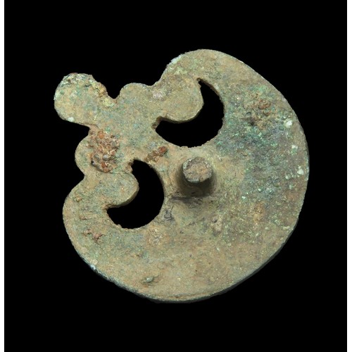 34 - Roman pelta mount. Circa 1st-4th century AD. Copper-alloy, 31mm x 7mm, 6.1g.  A decorative belt moun... 