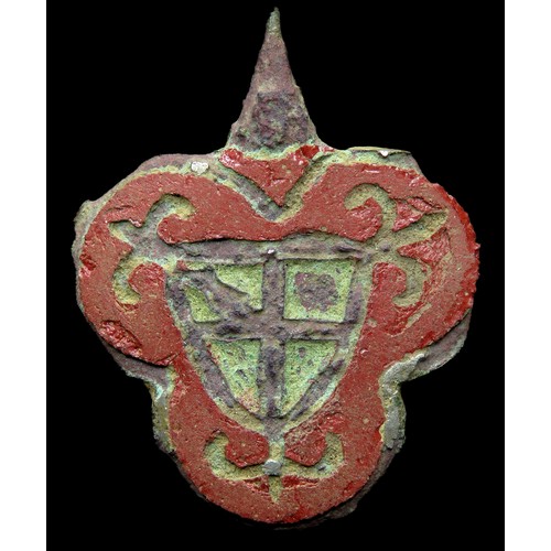 65 - Medieval heraldic pendant. Circa 13th-14th century AD. Copper-alloy, 36mm x 28mm, 8.8g. A trilobe pe... 