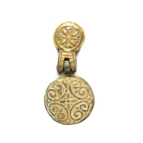 67 - Medieval gilt bronze harness pendant. Circa 13th-14th century AD. Copper-alloy, 11.57g. 49.90 mm. An... 