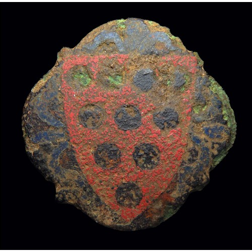 71 - Medieval heraldic mount. Circa 13th-14th century AD. Copper-alloy, 34mm x 32mm x 10mm, 17.3g. A quat... 