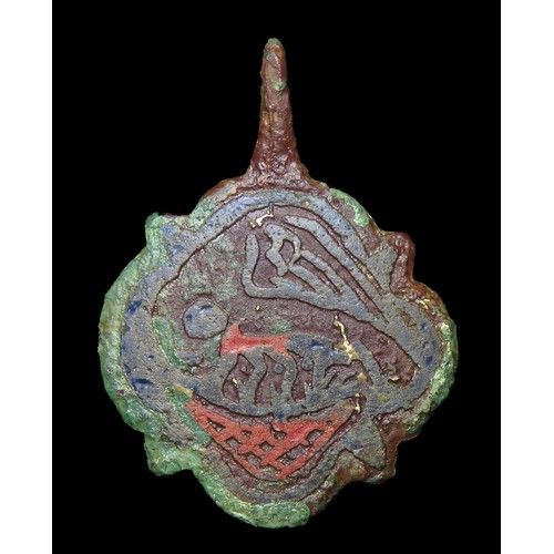 74 - Medieval harness pendant. Circa 14th century AD. Copper-alloy, 40mm x 31mm, 11.2g. A quatrefoil-shap... 