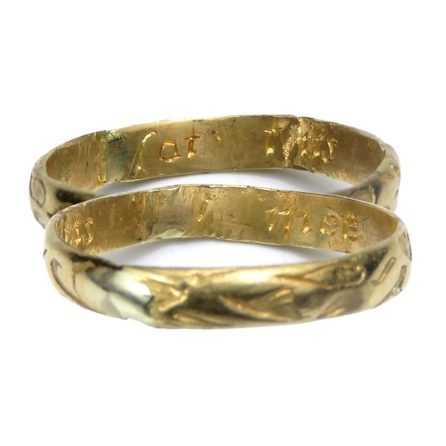 104 - Gold posey ring. Circa 18th century AD. 16mm x 3mm. 1.51 grams. Decorated on the outside of the band... 