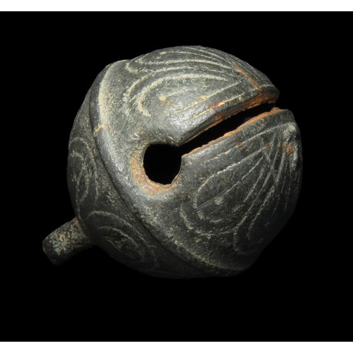 112 - Crotal bell. Circa 17th-18th century AD. Copper-alloy, 41mm diameter x 51mm, 61.5g.  Complete with o... 