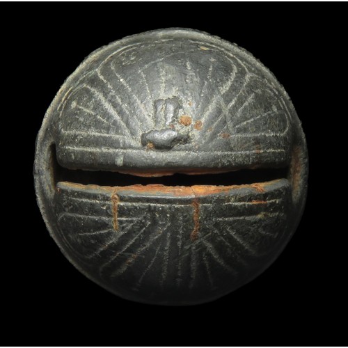 112 - Crotal bell. Circa 17th-18th century AD. Copper-alloy, 41mm diameter x 51mm, 61.5g.  Complete with o... 