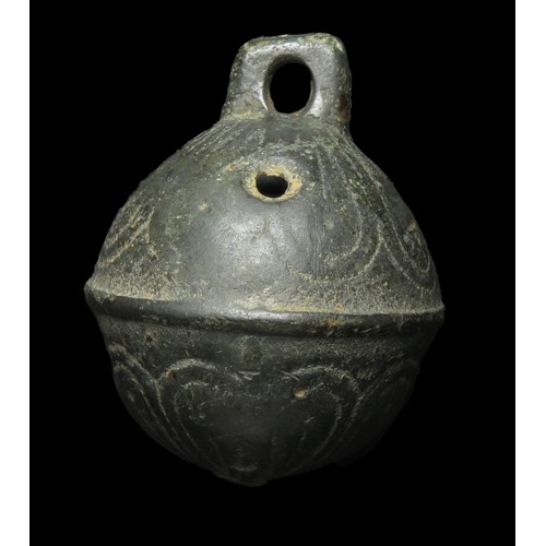 112 - Crotal bell. Circa 17th-18th century AD. Copper-alloy, 41mm diameter x 51mm, 61.5g.  Complete with o... 