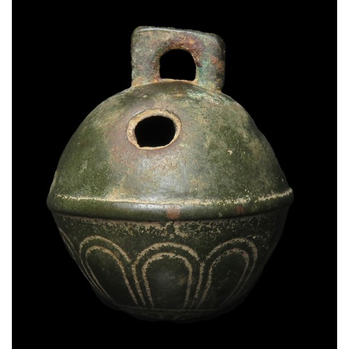 113 - Crotal bell. Circa 18th-19th century AD. Copper-alloy, 51mm diameter x 59mm, 93.9g. A large example,... 