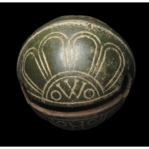 113 - Crotal bell. Circa 18th-19th century AD. Copper-alloy, 51mm diameter x 59mm, 93.9g. A large example,... 