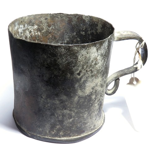 115 - Post Medieval pewter cup or tankard. Circa 17th century AD. 82mm x 85mm diameter, 295g. Cylindrical ... 