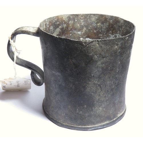 115 - Post Medieval pewter cup or tankard. Circa 17th century AD. 82mm x 85mm diameter, 295g. Cylindrical ... 