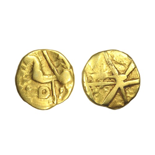 121 - Gallo-belgic cross-lines quarter stater. Gold, 1.91g. Obv: criss-cross chisel marks. Rev: horse, lyr... 