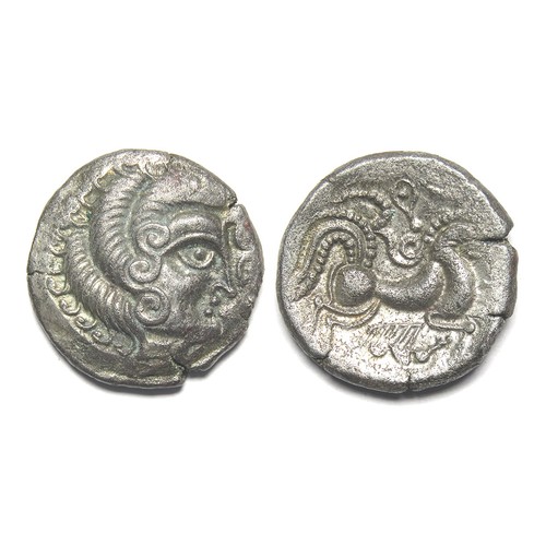 122 - Armorica Ogmios & Boar Stater, Circa 56 BC. Billion, 6.01 grams. 21.50 mm. Obv: Head right, thic... 