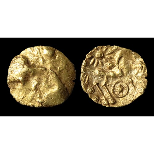 123 - Selsey Dahlia quarter stater, Regini tribe c. 50 BC. Damaged die type. Gold, 15mm, 1.23g. Obv: damag... 