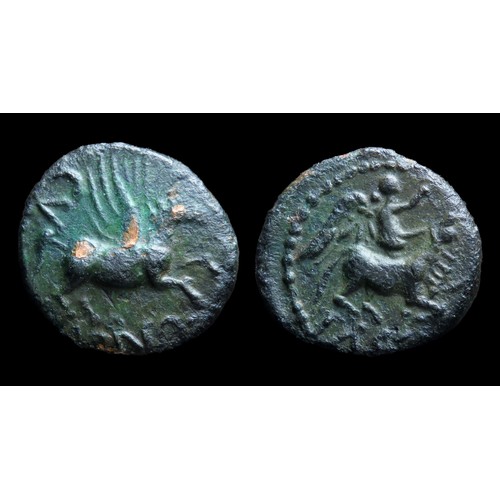 148 - Cunobelin 'Victory Bull Sacrifice' bronze unit. Bronze, 15mm, 2.22g. Obv: pegasus with CV above, NO ... 