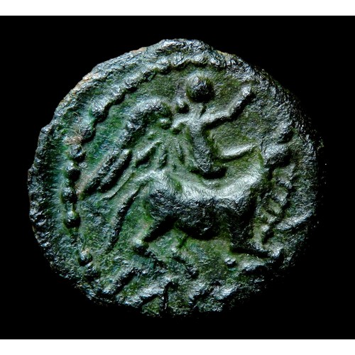 148 - Cunobelin 'Victory Bull Sacrifice' bronze unit. Bronze, 15mm, 2.22g. Obv: pegasus with CV above, NO ... 