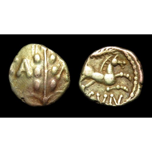 150 - Cunobelin Linear type gold quarter stater, c. AD10-40. Gold, 12mm, 1.27g. Obverse: Corn-ear div... 