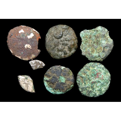 151 - Five Iron age Celtic staters in bronze, some with gold plate surviving. Various types and tribes pro... 