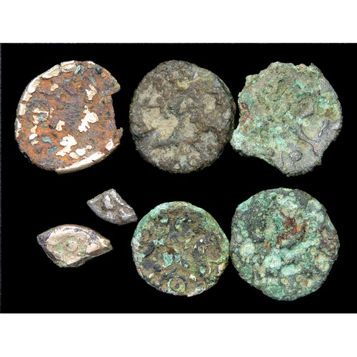 151 - Five Iron age Celtic staters in bronze, some with gold plate surviving. Various types and tribes pro... 