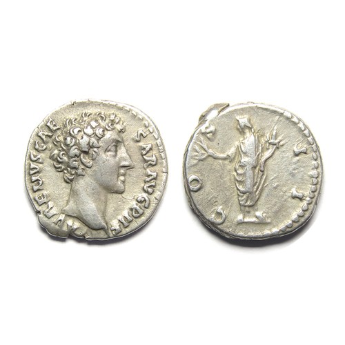 153 - Marcus Aurelius Denarius. Silver, 3.15g, 17.0 mm. Obv: Bare head of Marcus Aurelius to right, +AVREL... 