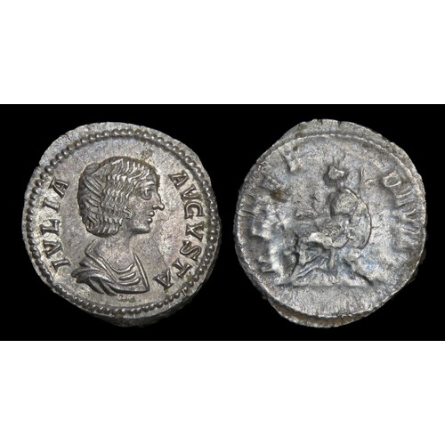 154 - Julia Domna denarius. Silver, 20mm, 2.54g. Obv: draped bust to right, +IVLIA AVGVSTA. Rev: towered, ... 